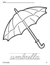 Free printable umbrella coloring page and cursive word tracing worksheet, perfect for preschool, pre-k, and kindergarten, PDF