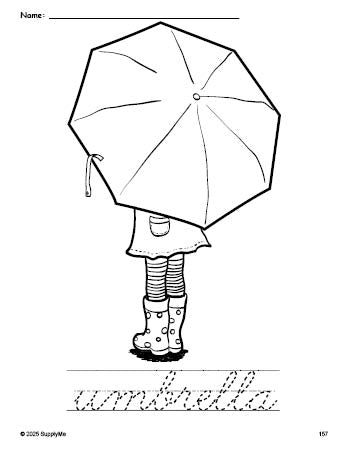 Free printable umbrella coloring page and cursive word tracing worksheet, perfect for preschool, pre-k, and kindergarten, PDF