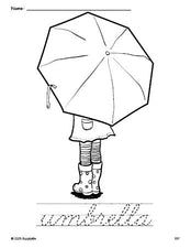 Free printable umbrella coloring page and cursive word tracing worksheet, perfect for preschool, pre-k, and kindergarten, PDF