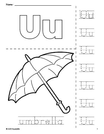 Free printable umbrella coloring page and letter tracing worksheet, letter u worksheet for preschool, pre-k, and kindergarten, PDF