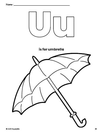 Free printable umbrella coloring page, letter u coloring page for preschool, pre-k, and kindergarten, PDF