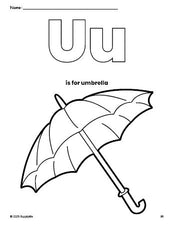 Free printable umbrella coloring page, letter u coloring page for preschool, pre-k, and kindergarten, PDF