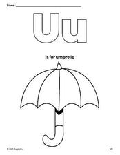 Free printable umbrella coloring page, letter u coloring page for preschool, pre-k, and kindergarten, PDF