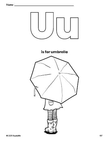 Free printable umbrella coloring page, letter u coloring page for preschool, pre-k, and kindergarten, PDF