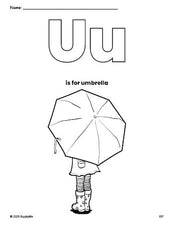 Free printable umbrella coloring page, letter u coloring page for preschool, pre-k, and kindergarten, PDF