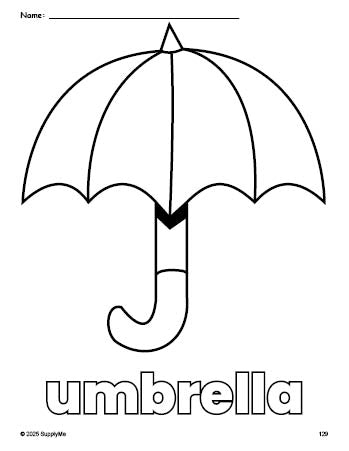 Free printable umbrella coloring page for preschool, pre-k, and kindergarten, PDF