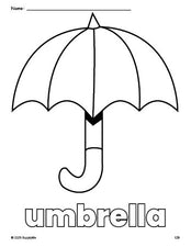 Free printable umbrella coloring page for preschool, pre-k, and kindergarten, PDF