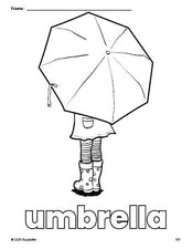 Free printable umbrella coloring page for preschool, pre-k, and kindergarten, PDF