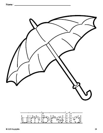 Free printable umbrella coloring page and word tracing worksheet, letter formation guides, perfect for preschool, pre-k, and kindergarten, PDF