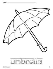 Free printable umbrella coloring page and word tracing worksheet, letter formation guides, perfect for preschool, pre-k, and kindergarten, PDF