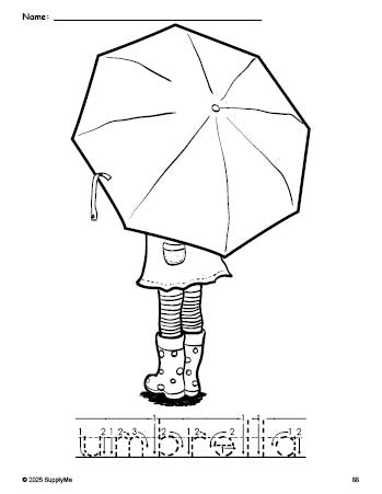 Free printable umbrella coloring page and word tracing worksheet, letter formation guides, perfect for preschool, pre-k, and kindergarten, PDF