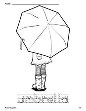 Free printable umbrella coloring page and word tracing worksheet, letter formation guides, perfect for preschool, pre-k, and kindergarten, PDF