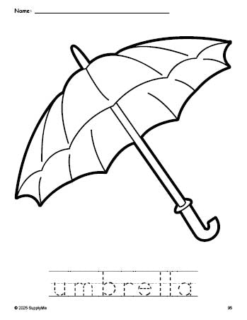 Free printable umbrella coloring page and word tracing worksheet, perfect for preschool, pre-k, and kindergarten, PDF