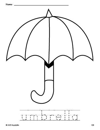 Free printable umbrella coloring page and word tracing worksheet, perfect for preschool, pre-k, and kindergarten, PDF