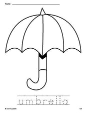 Free printable umbrella coloring page and word tracing worksheet, perfect for preschool, pre-k, and kindergarten, PDF