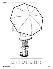 Free printable umbrella coloring page and word tracing worksheet, perfect for preschool, pre-k, and kindergarten, PDF