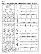 Free printable umbrella counting worksheet for preschool and pre-k with number tracing practice 1-10, PDF