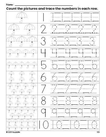 Free printable umbrella counting worksheet for preschool and pre-k with number tracing practice 1-10, PDF