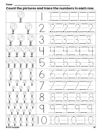 Free printable umbrella counting worksheet for preschool and pre-k with number tracing practice 1-10, PDF