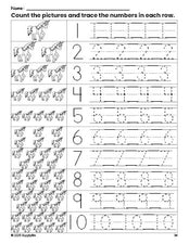 Free printable unicorn counting worksheet for preschool and pre-k with number tracing practice 1-10, PDF