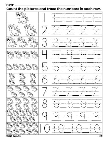 Free printable unicorn counting worksheet for preschool and pre-k with number tracing practice 1-10, PDF