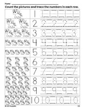 Free printable unicorn counting worksheet for preschool and pre-k with number tracing practice 1-10, PDF