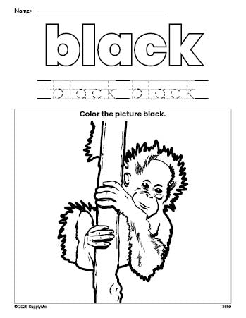 Free urangatang color black coloring page and color worksheet, black worksheet for preschoolers to learn colors, printable PDF