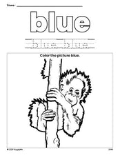 Free urangatang color blue coloring page and color worksheet, blue worksheet for preschoolers to learn colors, printable PDF