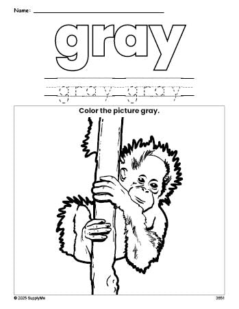 Free urangatang color gray coloring page and color worksheet, gray worksheet for preschoolers to learn colors, printable PDF