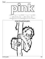 Free urangatang color pink coloring page and color worksheet, pink worksheet for preschoolers to learn colors, printable PDF