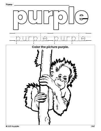 Free urangatang color purple coloring page and color worksheet, purple worksheet for preschoolers to learn colors, printable PDF