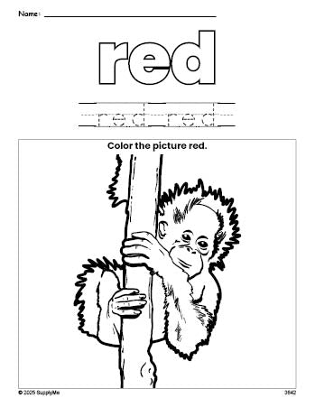 Free urangatang color red coloring page and color worksheet, red worksheet for preschoolers to learn colors, printable PDF