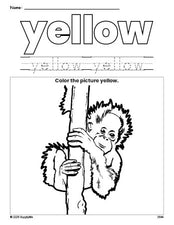 Free urangatang color yellow coloring page and color worksheet, yellow worksheet for preschoolers to learn colors, printable PDF