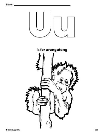 Free printable urangatang coloring page, letter u coloring page for preschool, pre-k, and kindergarten, PDF