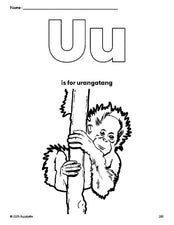 Free printable urangatang coloring page, letter u coloring page for preschool, pre-k, and kindergarten, PDF