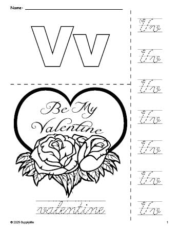 Free printable valentine Valentine's Day coloring page and cursive letter tracing worksheet, letter v worksheet for preschool, pre-k, and kindergarten, PDF