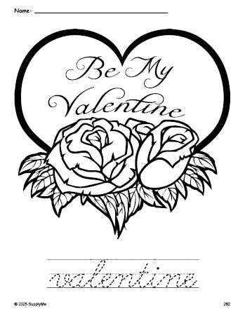 Free printable valentine Valentine's Day coloring page and cursive word tracing worksheet, perfect for preschool, pre-k, and kindergarten, PDF