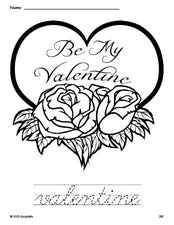 Free printable valentine Valentine's Day coloring page and cursive word tracing worksheet, perfect for preschool, pre-k, and kindergarten, PDF