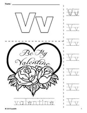 Free printable valentine Valentine's Day coloring page and letter tracing worksheet, letter v worksheet for preschool, pre-k, and kindergarten, PDF