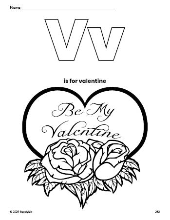 Free printable valentine Valentine's Day coloring page, letter v coloring page for preschool, pre-k, and kindergarten, PDF