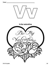 Free printable valentine Valentine's Day coloring page, letter v coloring page for preschool, pre-k, and kindergarten, PDF