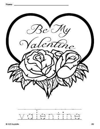 Free printable valentine Valentine's Day coloring page and word tracing worksheet, perfect for preschool, pre-k, and kindergarten, PDF