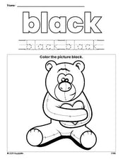 Free Valentine's Day bear color black coloring page and color worksheet, black worksheet for preschoolers to learn colors, printable PDF