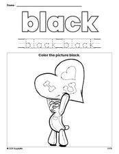 Free Valentine's Day bear color black coloring page and color worksheet, black worksheet for preschoolers to learn colors, printable PDF