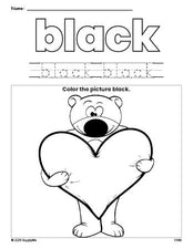 Free Valentine's Day bear color black coloring page and color worksheet, black worksheet for preschoolers to learn colors, printable PDF