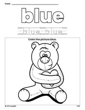 Free Valentine's Day bear color blue coloring page and color worksheet, blue worksheet for preschoolers to learn colors, printable PDF