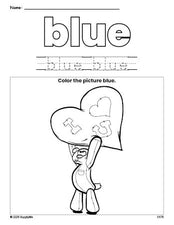 Free Valentine's Day bear color blue coloring page and color worksheet, blue worksheet for preschoolers to learn colors, printable PDF