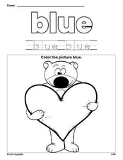 Free Valentine's Day bear color blue coloring page and color worksheet, blue worksheet for preschoolers to learn colors, printable PDF