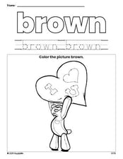 Free Valentine's Day bear color brown coloring page and color worksheet, brown worksheet for preschoolers to learn colors, printable PDF