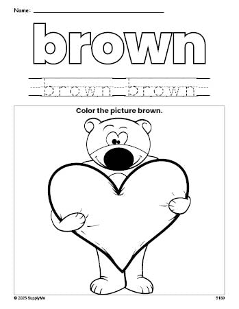 Free Valentine's Day bear color brown coloring page and color worksheet, brown worksheet for preschoolers to learn colors, printable PDF